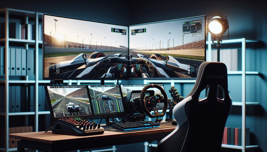 alt_text: Modern racing simulator with dual monitors displaying iRacing, featuring safety and performance elements.